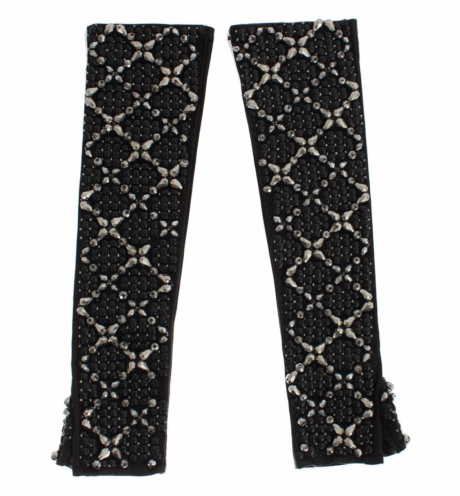 Dolce & Gabbana Black Leather Crystal Beaded Finger Free Gloves Dolce & Gabbana