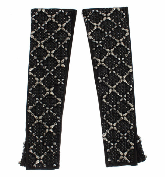 Dolce & Gabbana Black Leather Crystal Beaded Finger Free Gloves Dolce & Gabbana