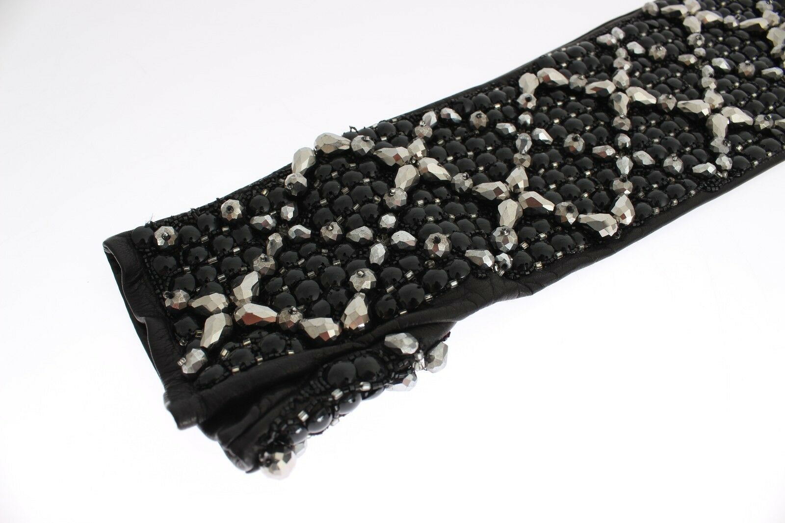 Dolce & Gabbana Black Leather Crystal Beaded Finger Free Gloves Dolce & Gabbana