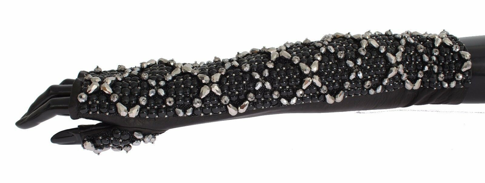 Dolce & Gabbana Black Leather Crystal Beaded Finger Free Gloves Dolce & Gabbana