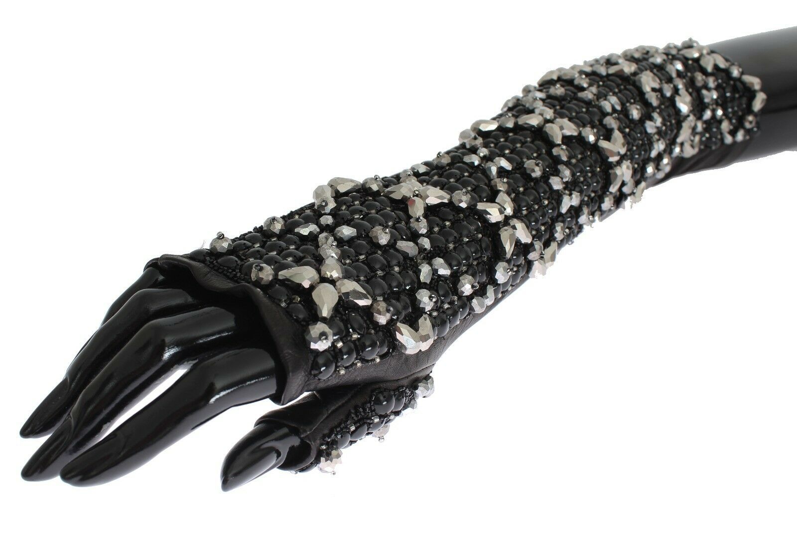 Dolce & Gabbana Black Leather Crystal Beaded Finger Free Gloves Dolce & Gabbana