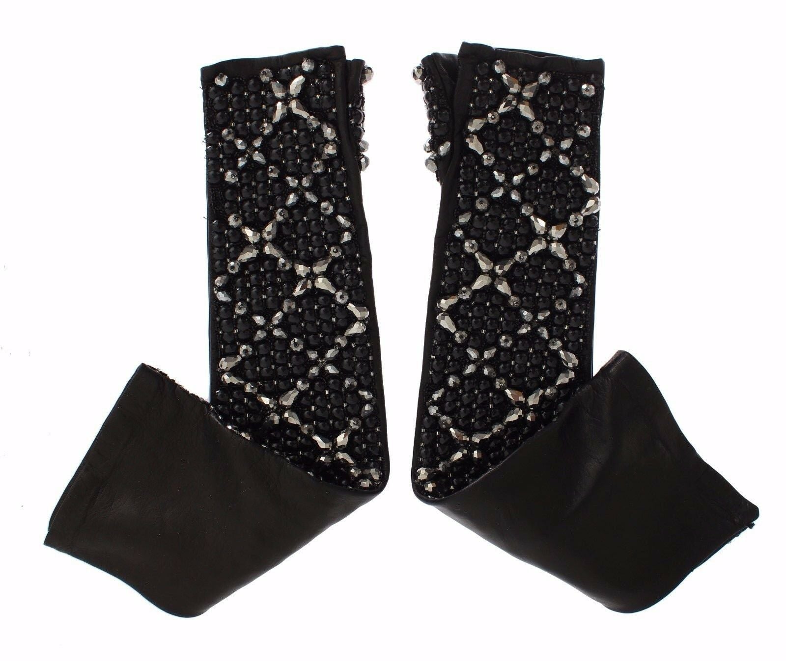 Dolce & Gabbana Black Leather Crystal Beaded Finger Free Gloves Dolce & Gabbana