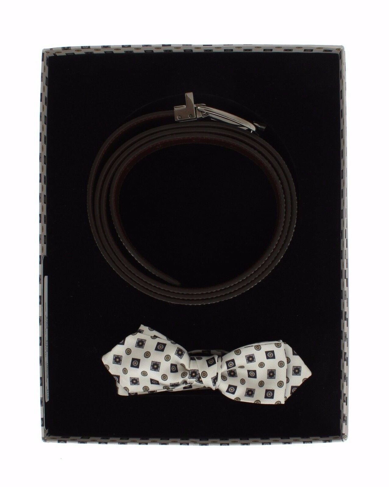 Dolce & Gabbana White Silk Bowtie Leather Men Belt Gift Box Dolce & Gabbana