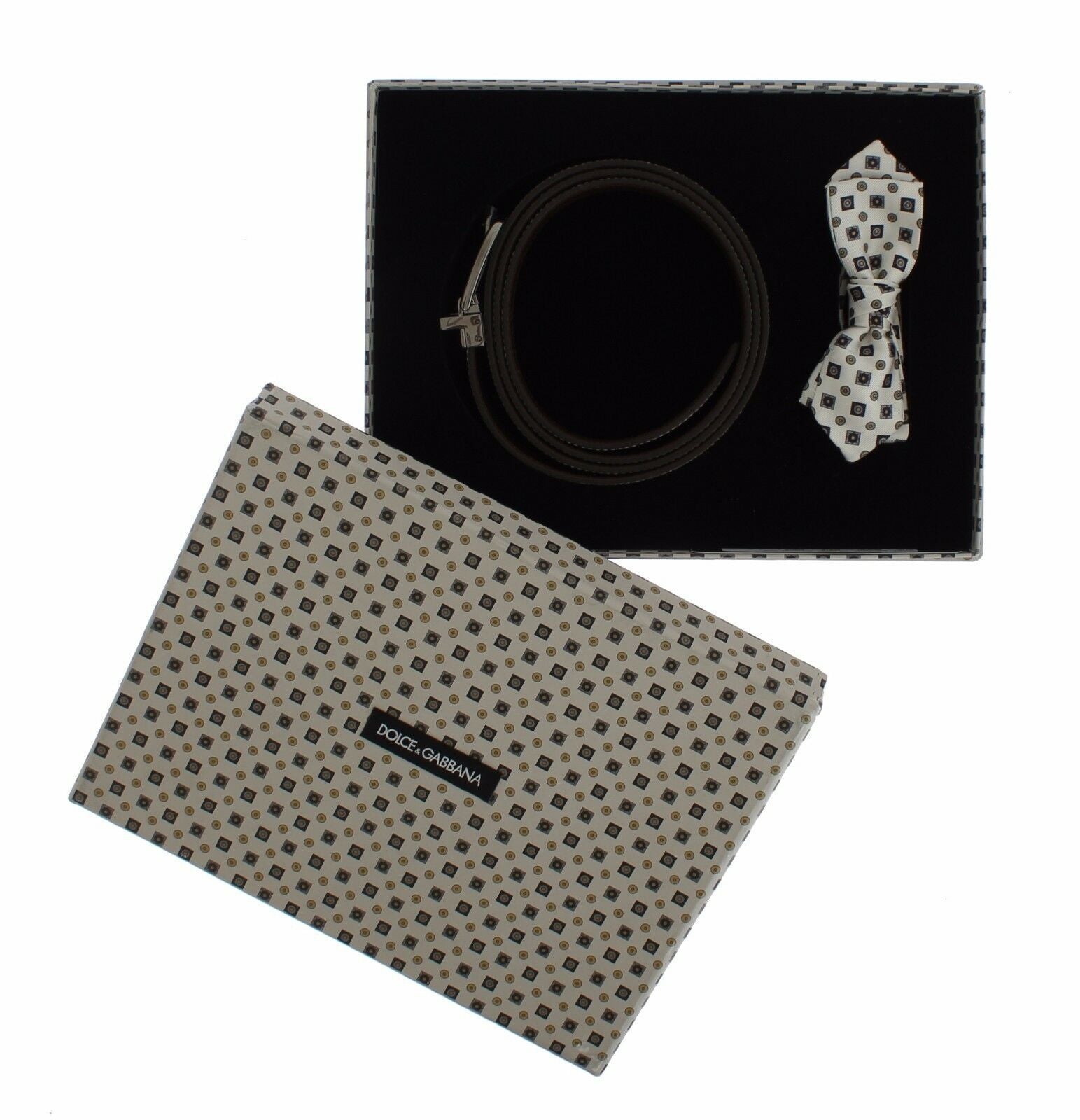 Dolce & Gabbana White Silk Bowtie Leather Men Belt Gift Box Dolce & Gabbana