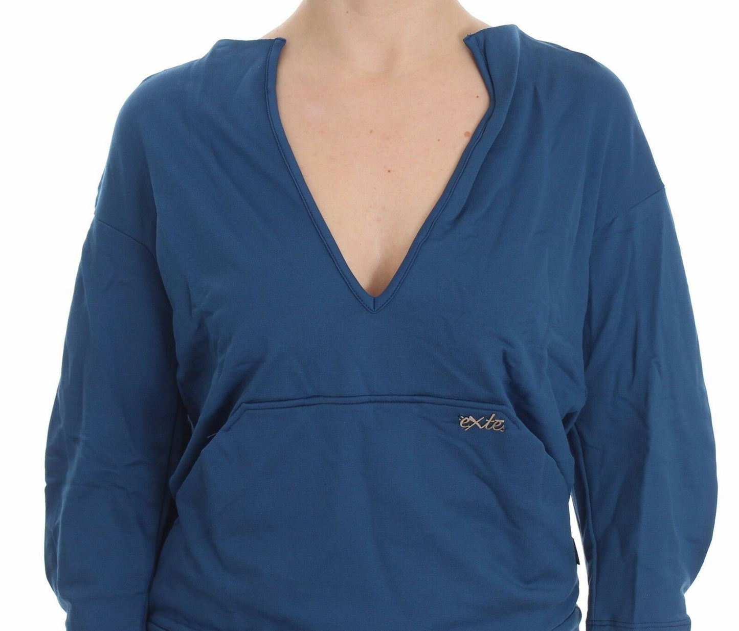 Exte Blue Cotton Top Pullover Deep V-neck Women Sweater Exte