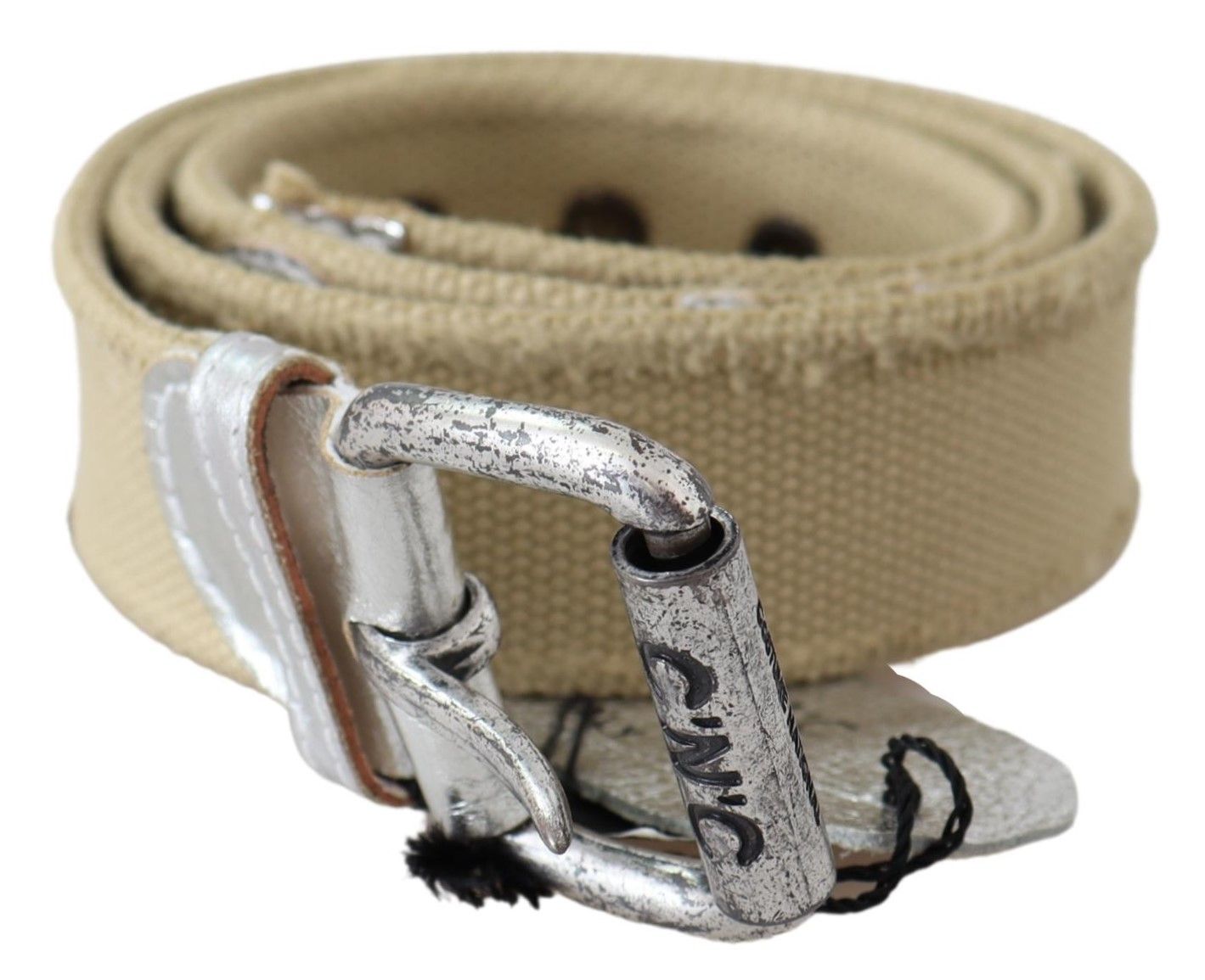 Costume National Beige Cotton Rustic Logo Buckle Belt Costume National