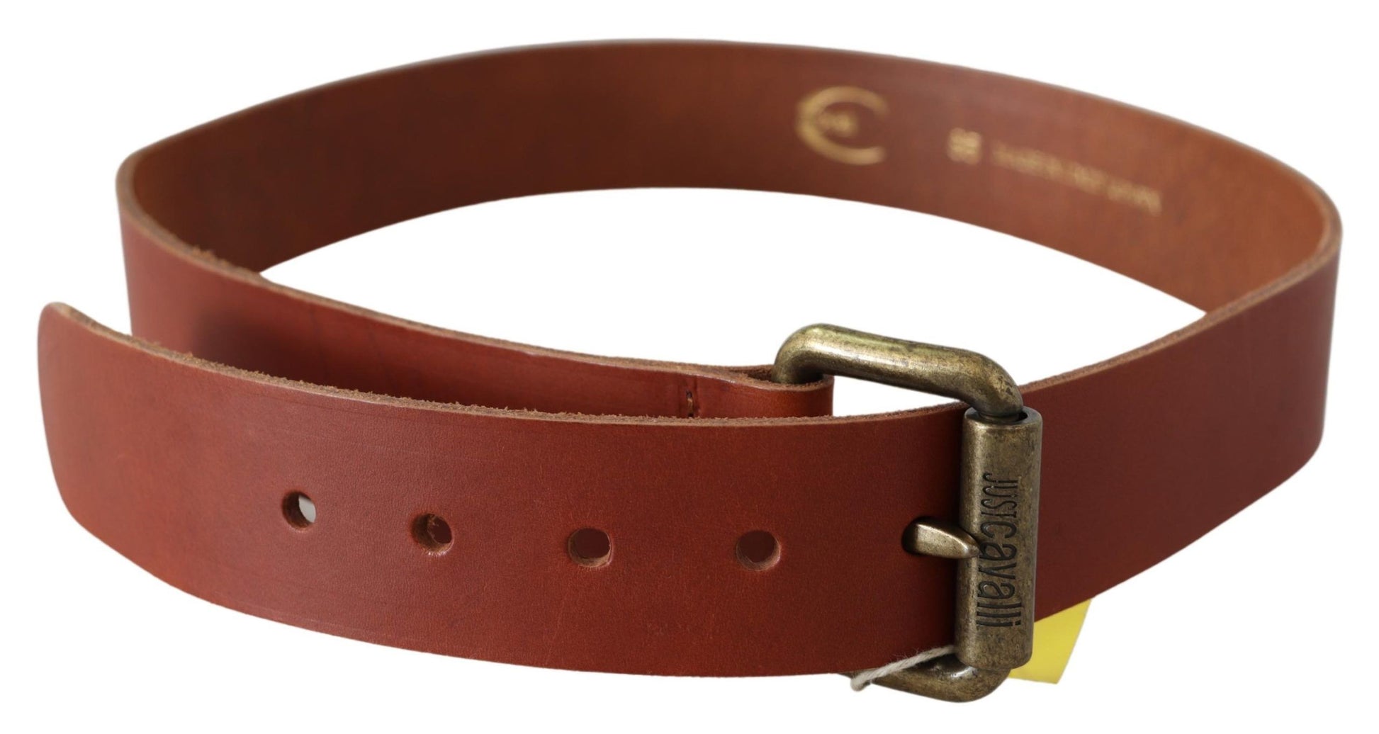 Just Cavalli Brown Leather Logo Bronze Rustic Metal Buckle Belt Just Cavalli