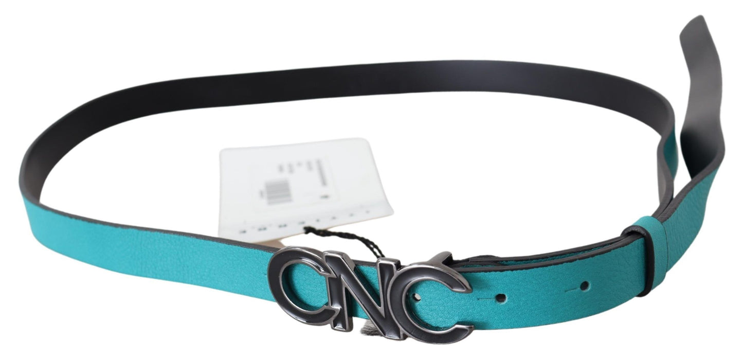 Costume National Blue Green Leather Logo Silver Buckle Belt Costume National