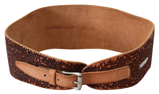 Scervino Street Brown Wide Leather Embroidered Design Logo Belt Scervino Street