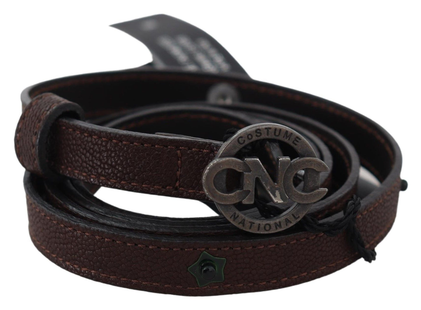 Costume National Brown Skinny Leather Round Logo Buckle Belt Costume National
