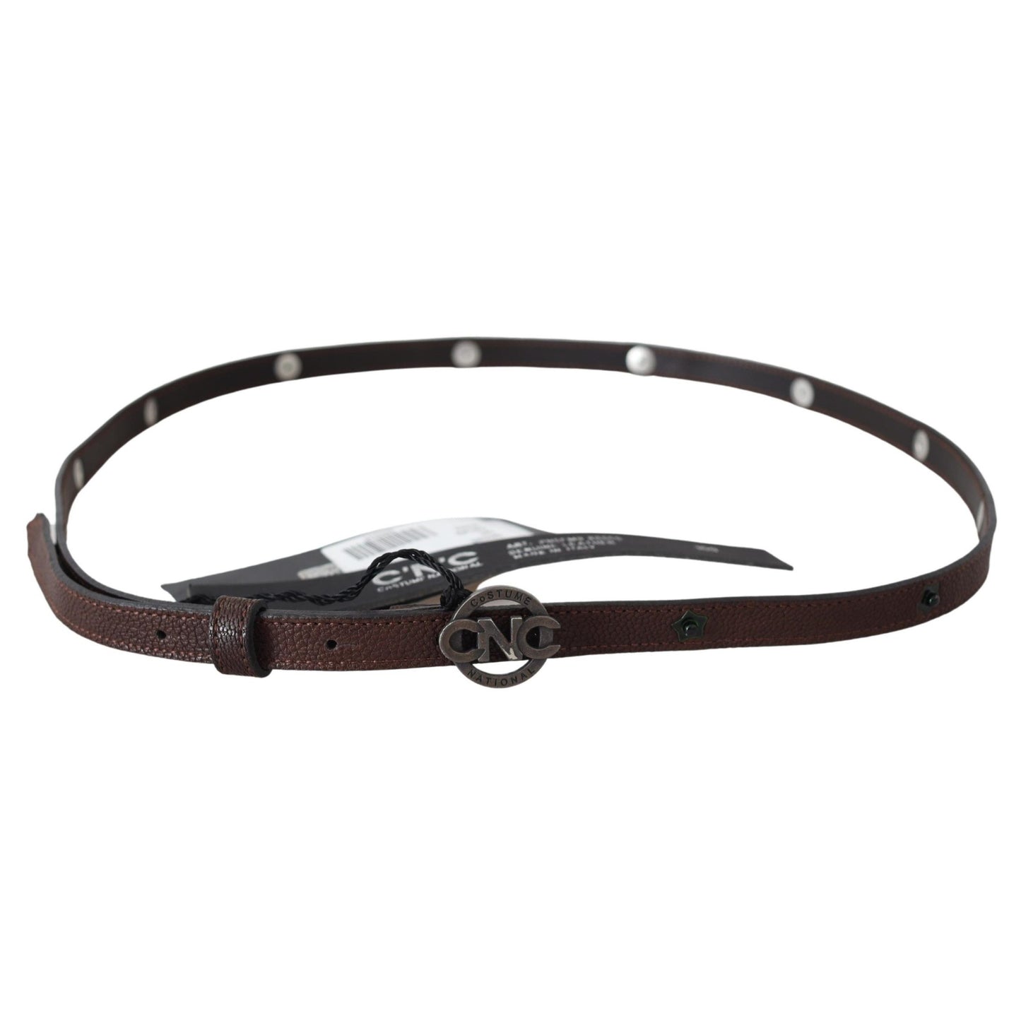 Costume National Brown Skinny Leather Round Logo Buckle Belt