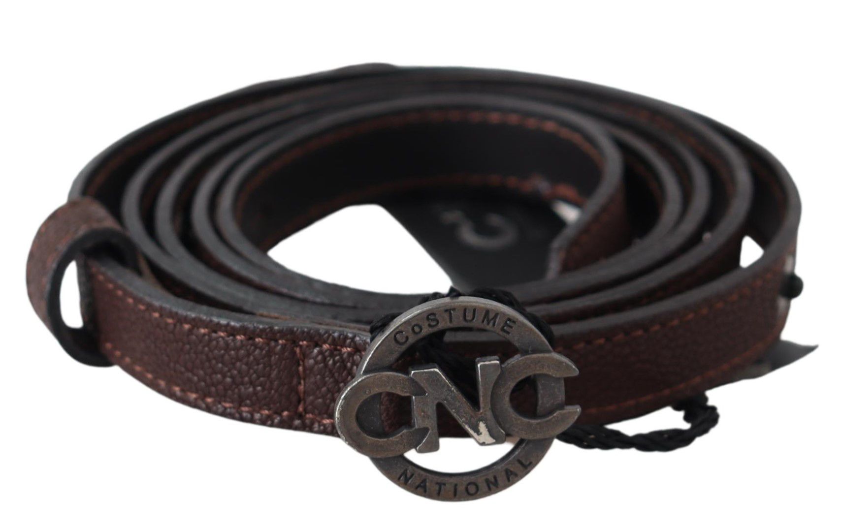 Costume National Brown Skinny Leather Round Logo Buckle Belt Costume National