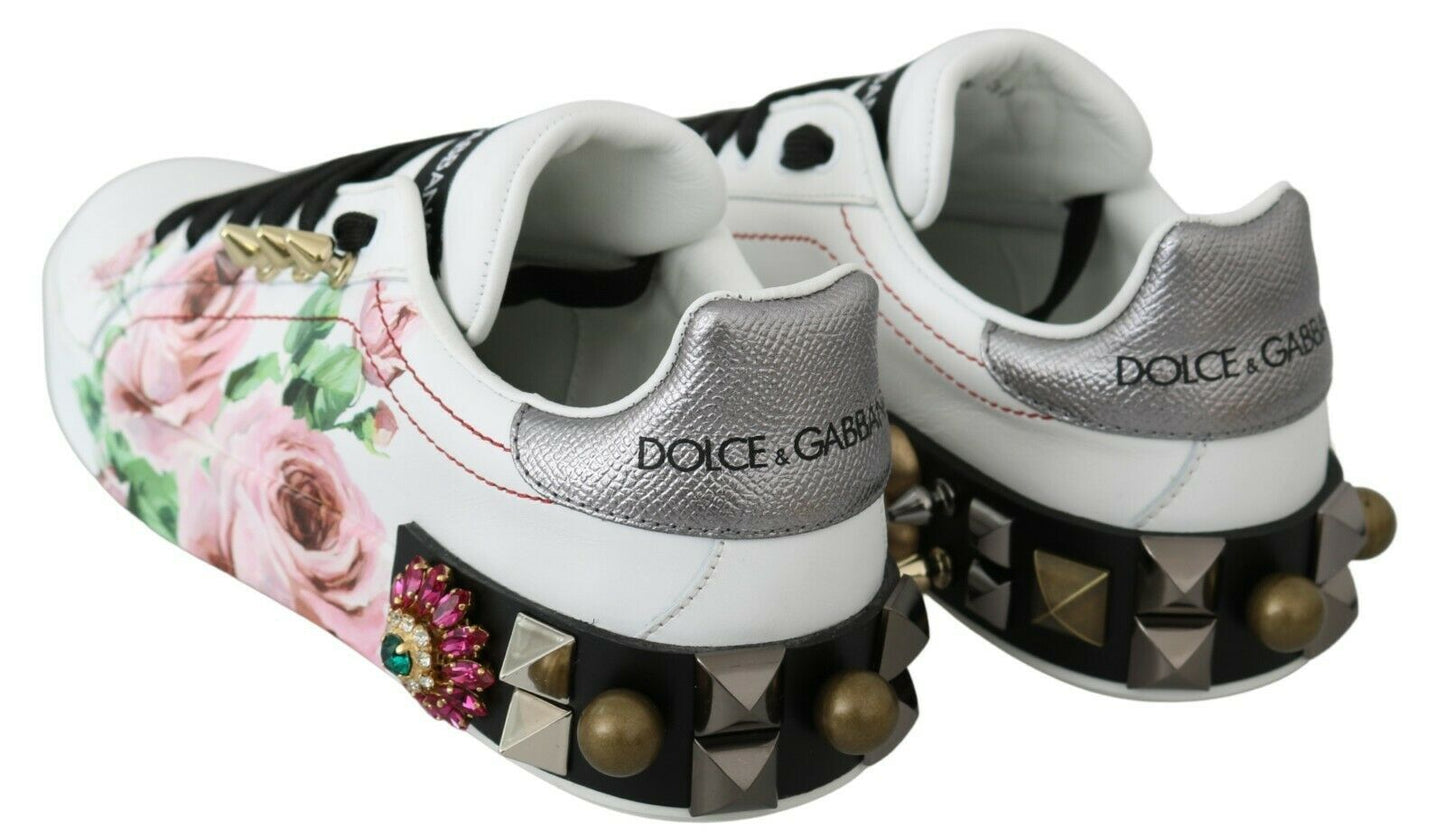 Dolce & Gabbana White Leather Crystal Roses Floral Sneakers Shoes Dolce & Gabbana