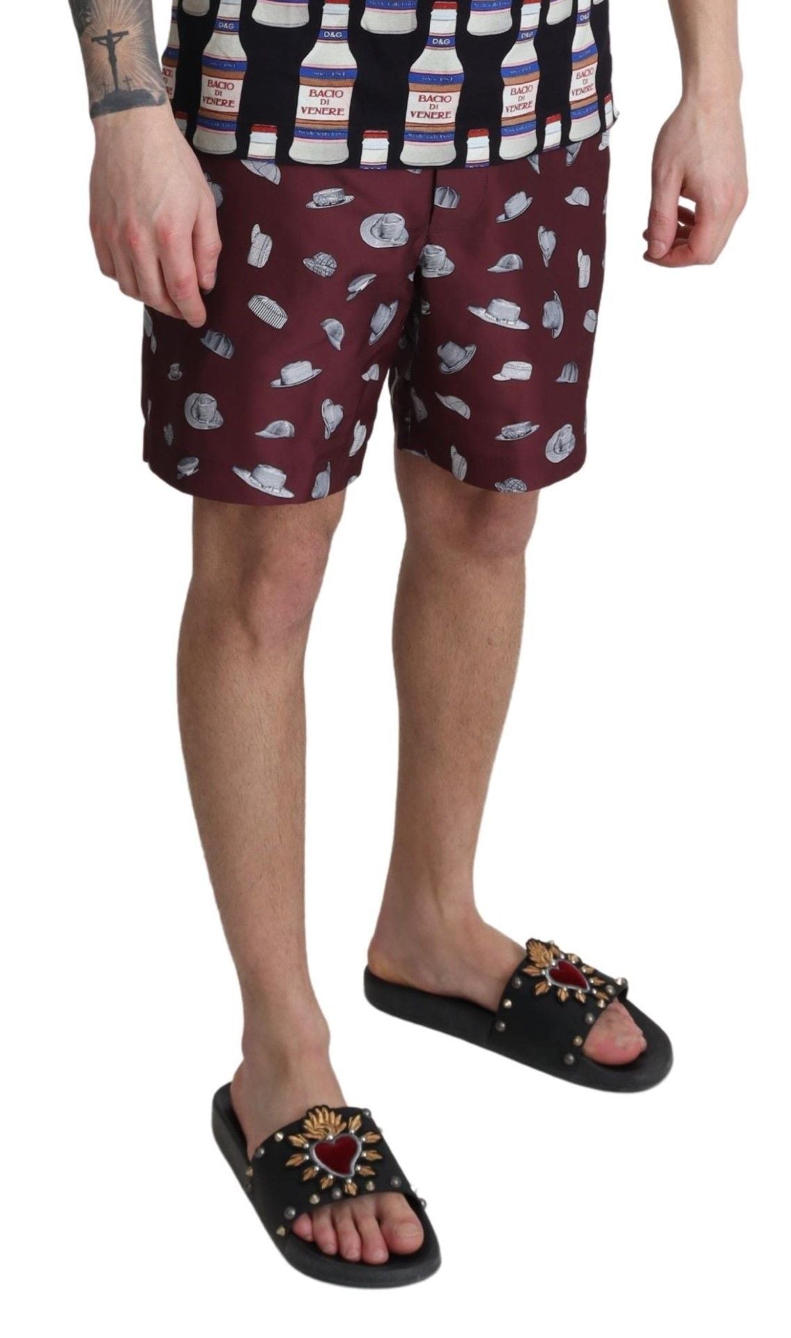 Dolce & Gabbana Maroon Hats Print Beachwear Shorts Swimwear Dolce & Gabbana