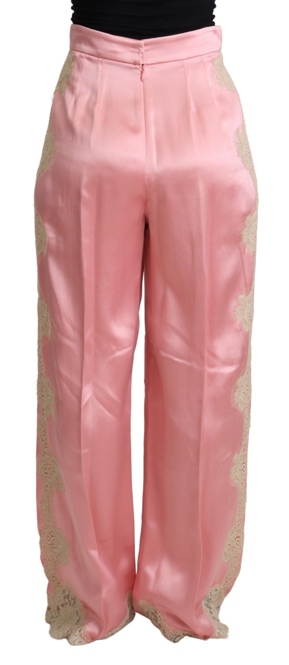 Dolce & Gabbana Pink Lace Trimmed Silk Satin Wide Legs Pants Dolce & Gabbana
