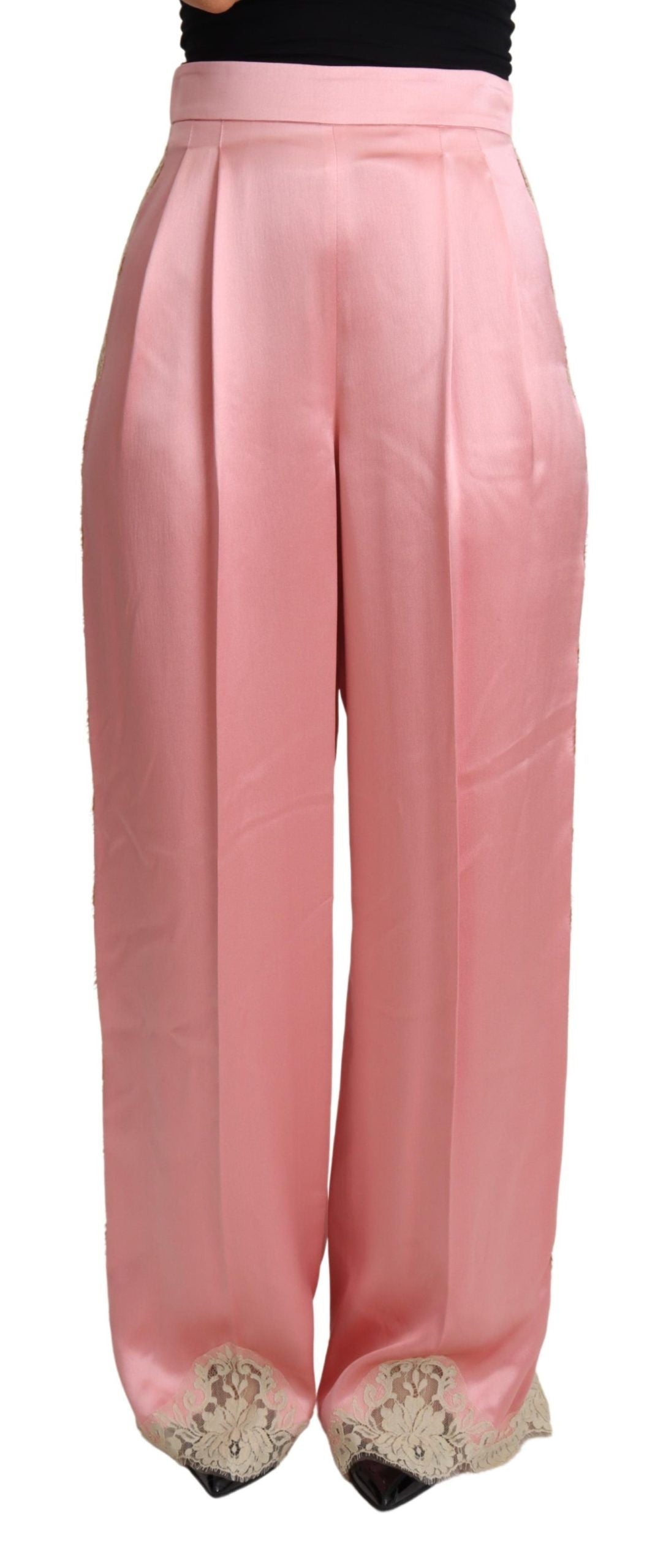Dolce & Gabbana Pink Lace Trimmed Silk Satin Wide Legs Pants Dolce & Gabbana