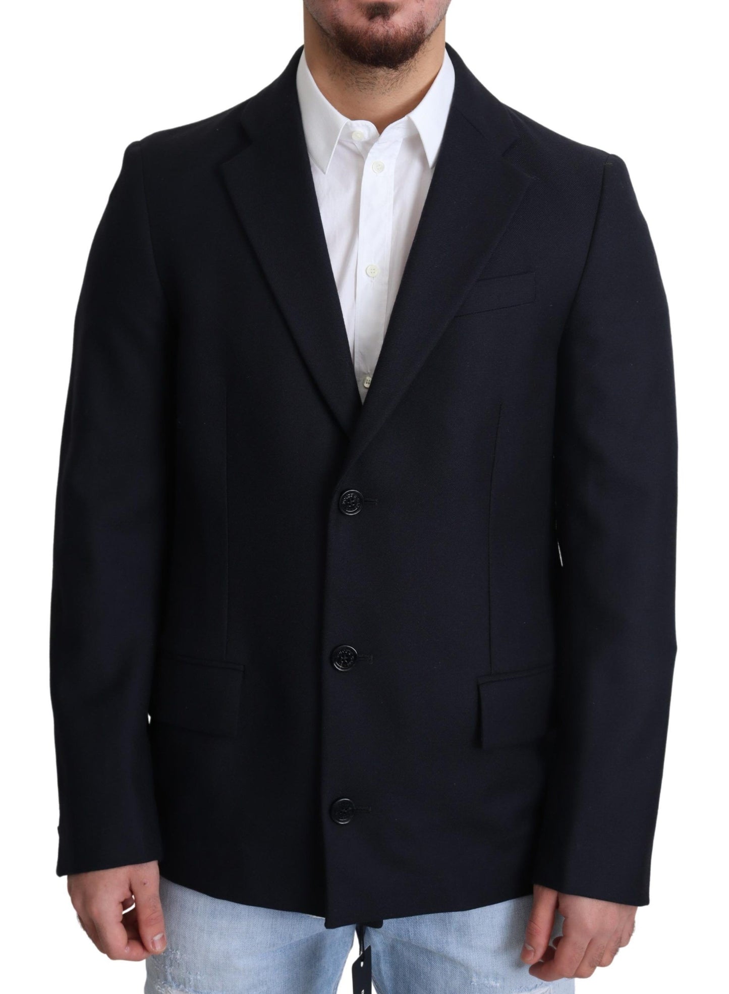 Dolce & Gabbana Dark Blue Wool Single Breasted Coat Jacket Dolce & Gabbana