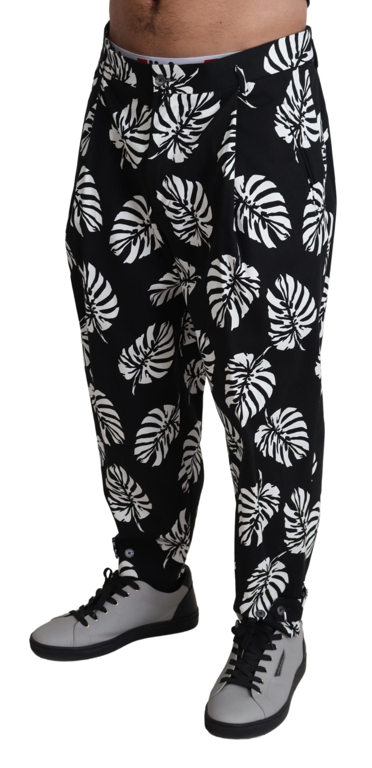Dolce & Gabbana Black Leaf Cotton Stretch Trouser Pants Pants Dolce & Gabbana