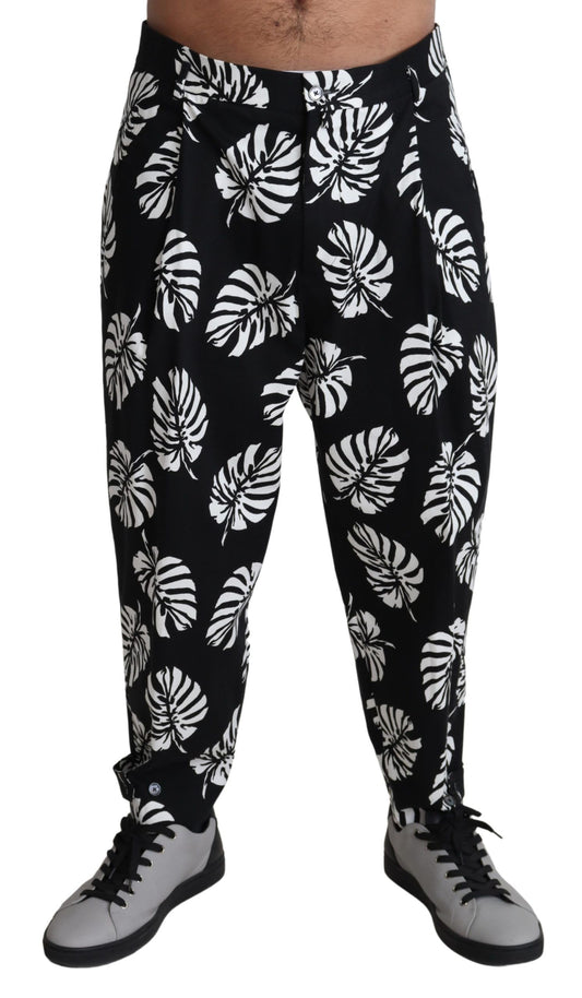 Dolce & Gabbana Black Leaf Cotton Stretch Trouser Pants Pants Dolce & Gabbana