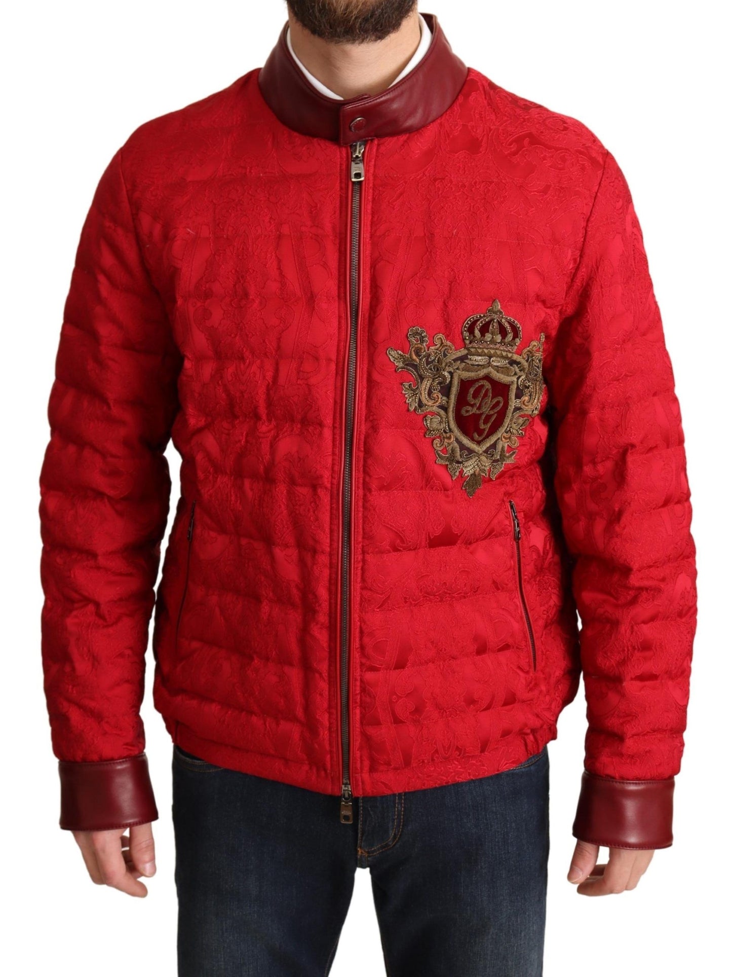 Dolce & Gabbana Red Brocade Bomber Gold Crown Logo Coat Jacket Dolce & Gabbana