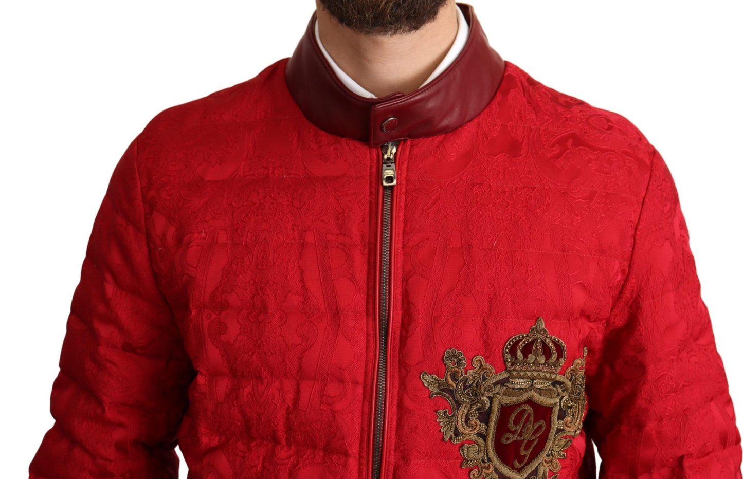 Dolce & Gabbana Red Brocade Bomber Gold Crown Logo Coat Jacket Dolce & Gabbana