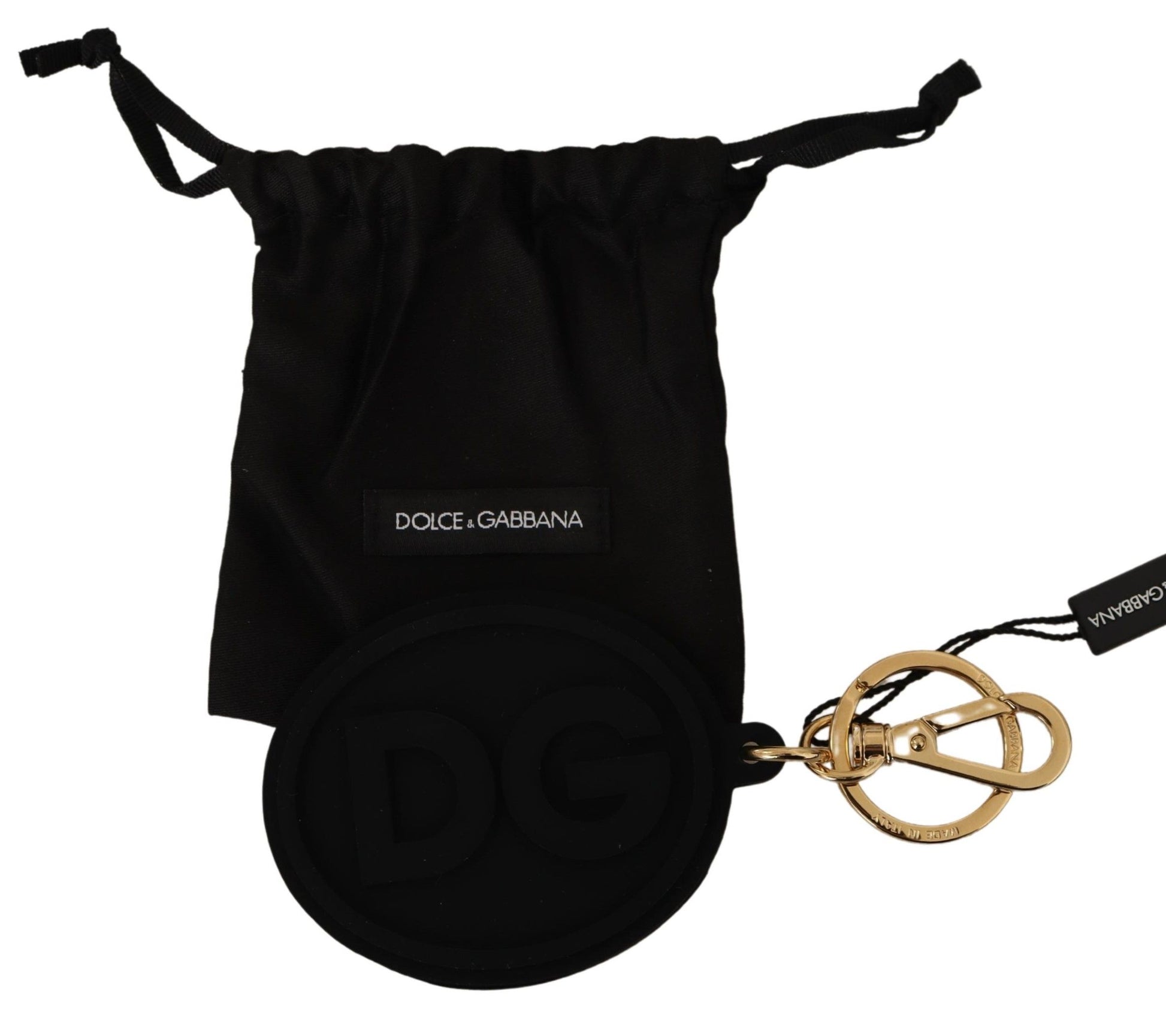 Dolce & Gabbana Black Rubber DG Logo Gold Brass Metal Keyring Keychain Dolce & Gabbana