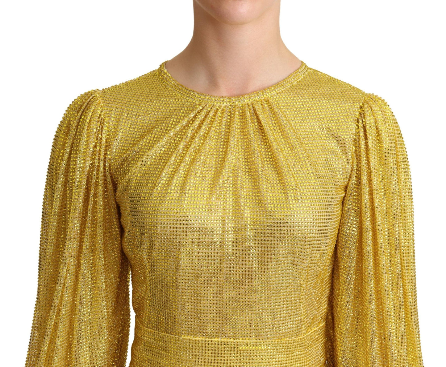 Dolce & Gabbana Yellow Crystal Mesh Pleated Maxi Dress Dolce & Gabbana