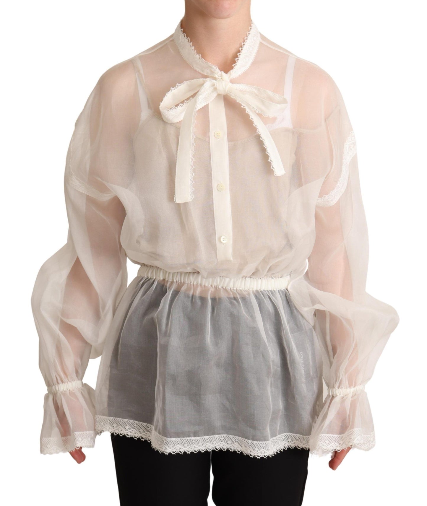 Dolce & Gabbana White Ascot Collar Long Sleeves Blouse Top Dolce & Gabbana