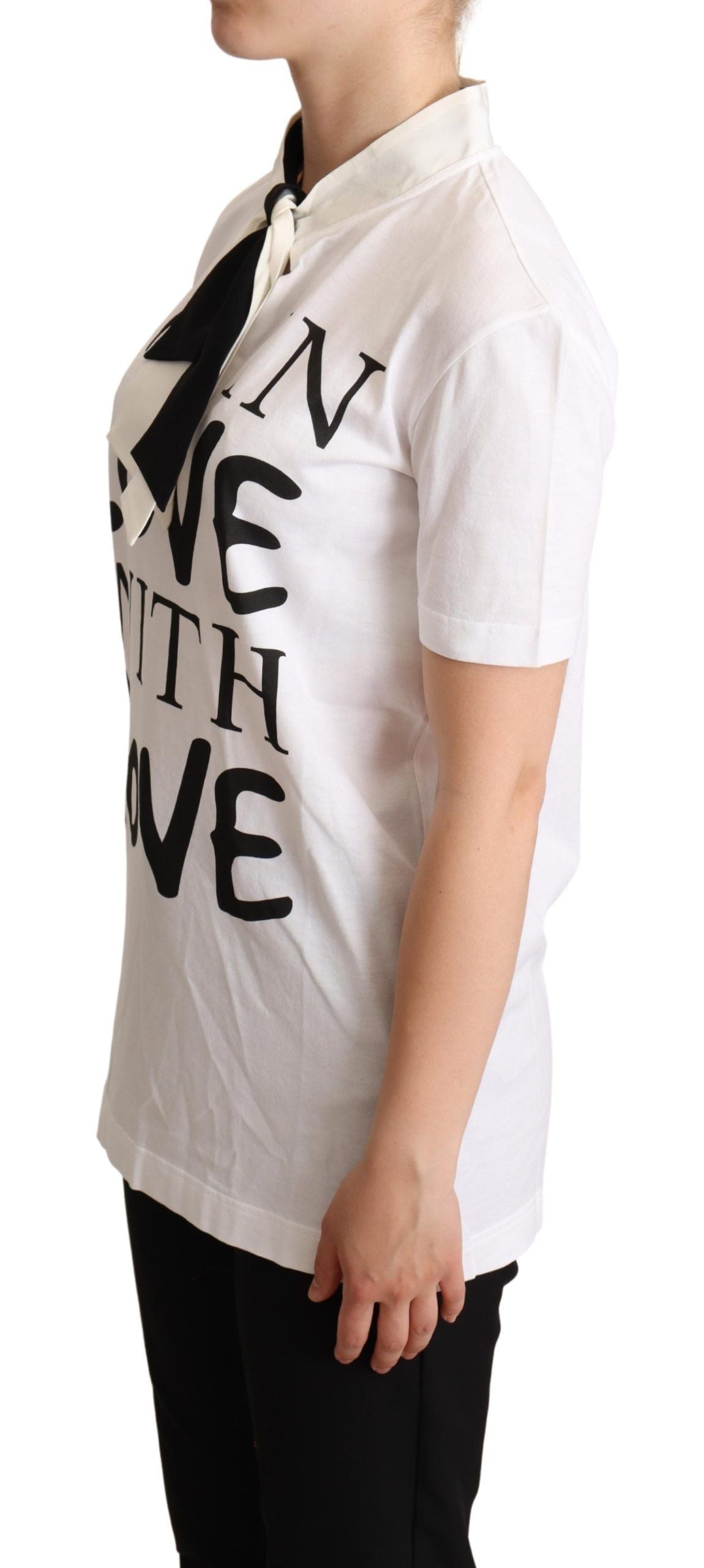 Dolce & Gabbana White Cotton Silk Blend Ascot Collar T-shirt Dolce & Gabbana