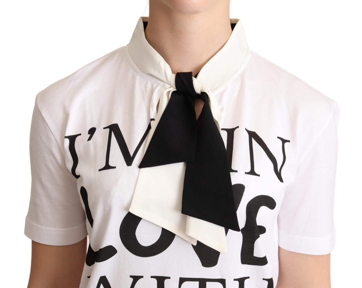 Dolce & Gabbana White Cotton Silk Blend Ascot Collar T-shirt Dolce & Gabbana