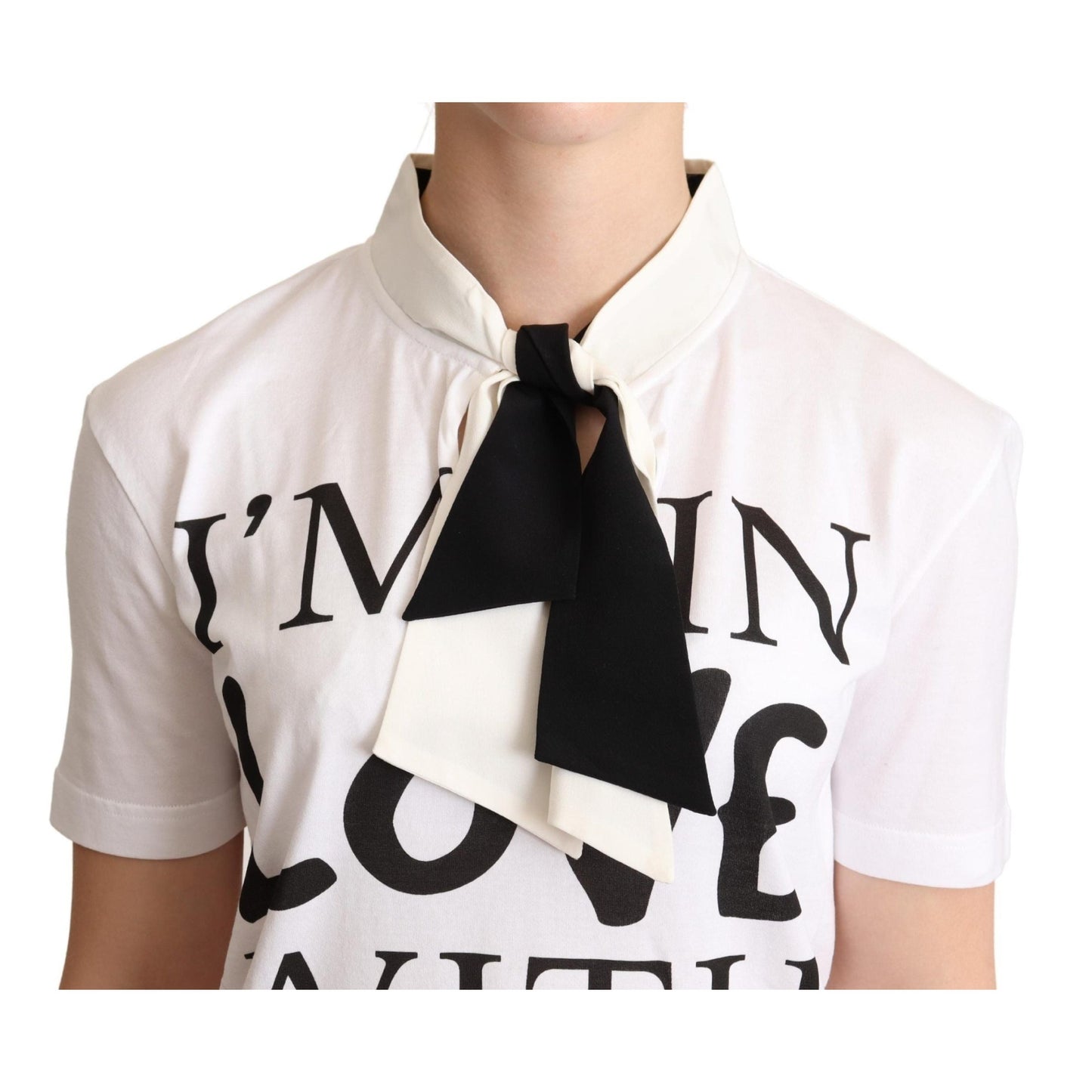 Dolce & Gabbana White Cotton Silk Blend Ascot Collar T-shirt