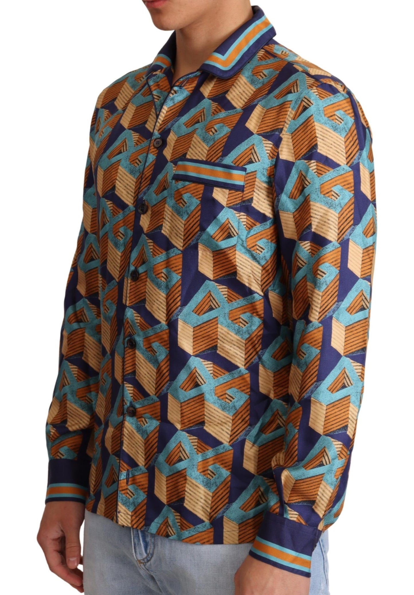 Dolce & Gabbana Multicolor DG Logo Silk Mens Top Shirt Dolce & Gabbana