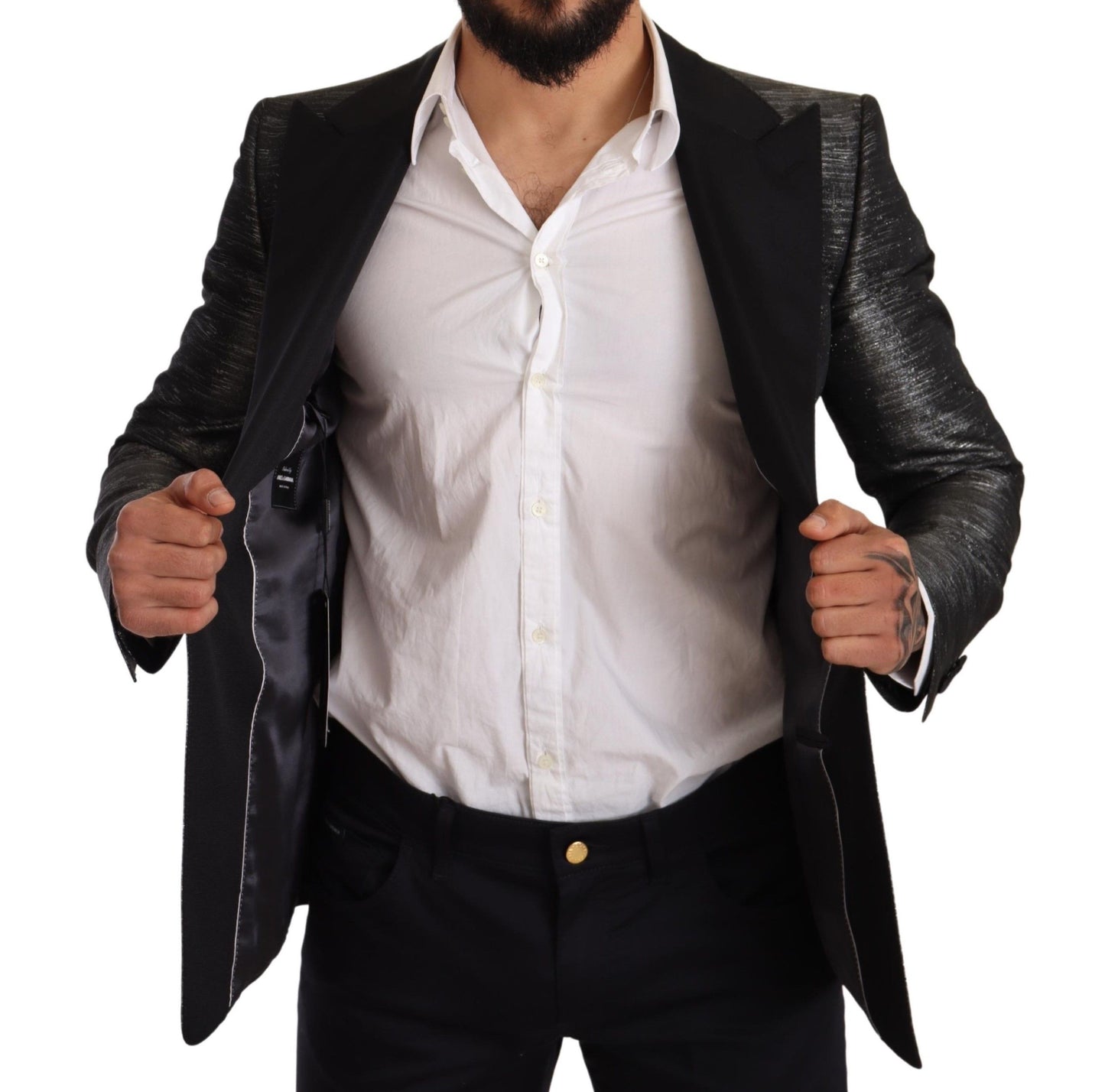 Dolce & Gabbana Gray Metallic Black Slim Tuxedo Blazer Dolce & Gabbana