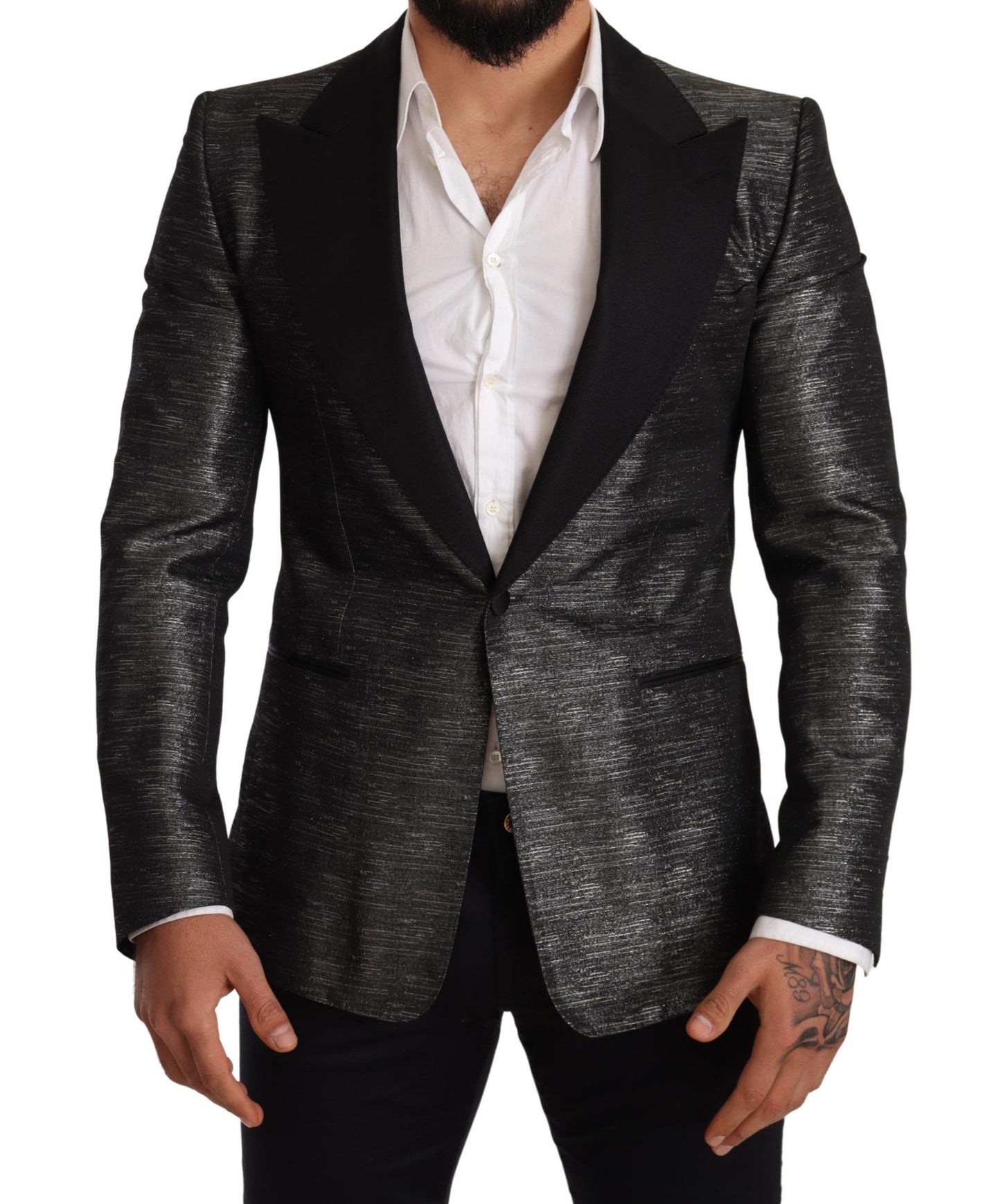 Dolce & Gabbana Gray Metallic Black Slim Tuxedo Blazer Dolce & Gabbana