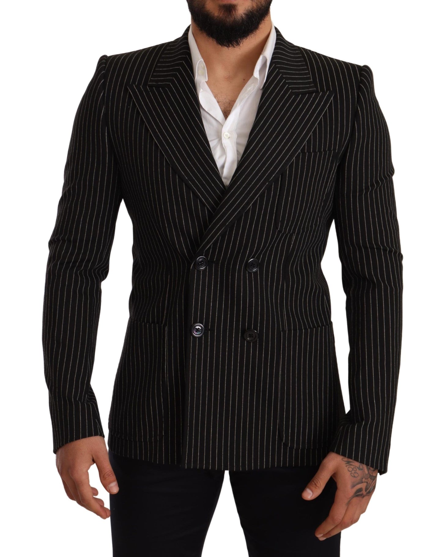 Dolce & Gabbana Black White Striped Slim Fit Coat Blazer Dolce & Gabbana