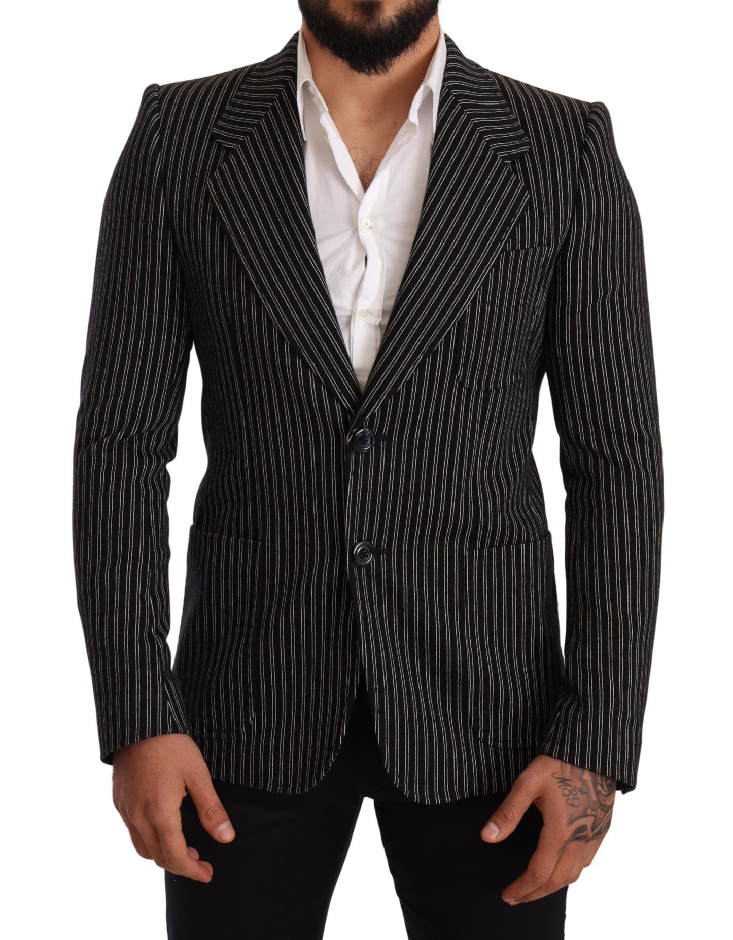 Dolce & Gabbana Black Striped Slim Fit Wool Coat Blazer Dolce & Gabbana