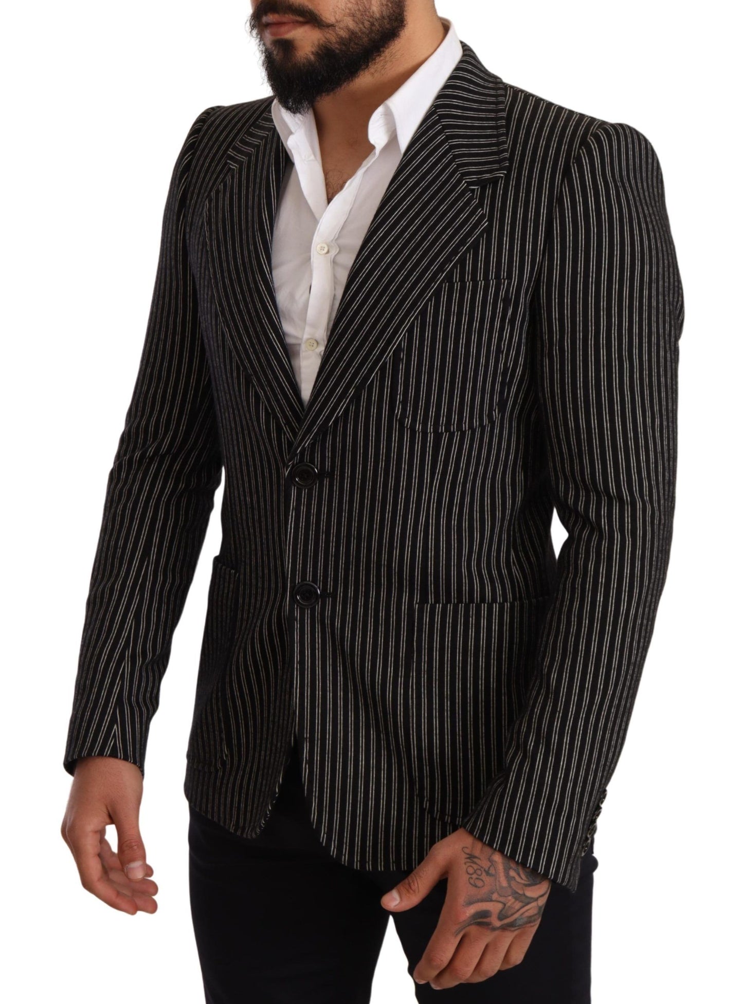 Dolce & Gabbana Black Striped Slim Fit Wool Coat Blazer Dolce & Gabbana