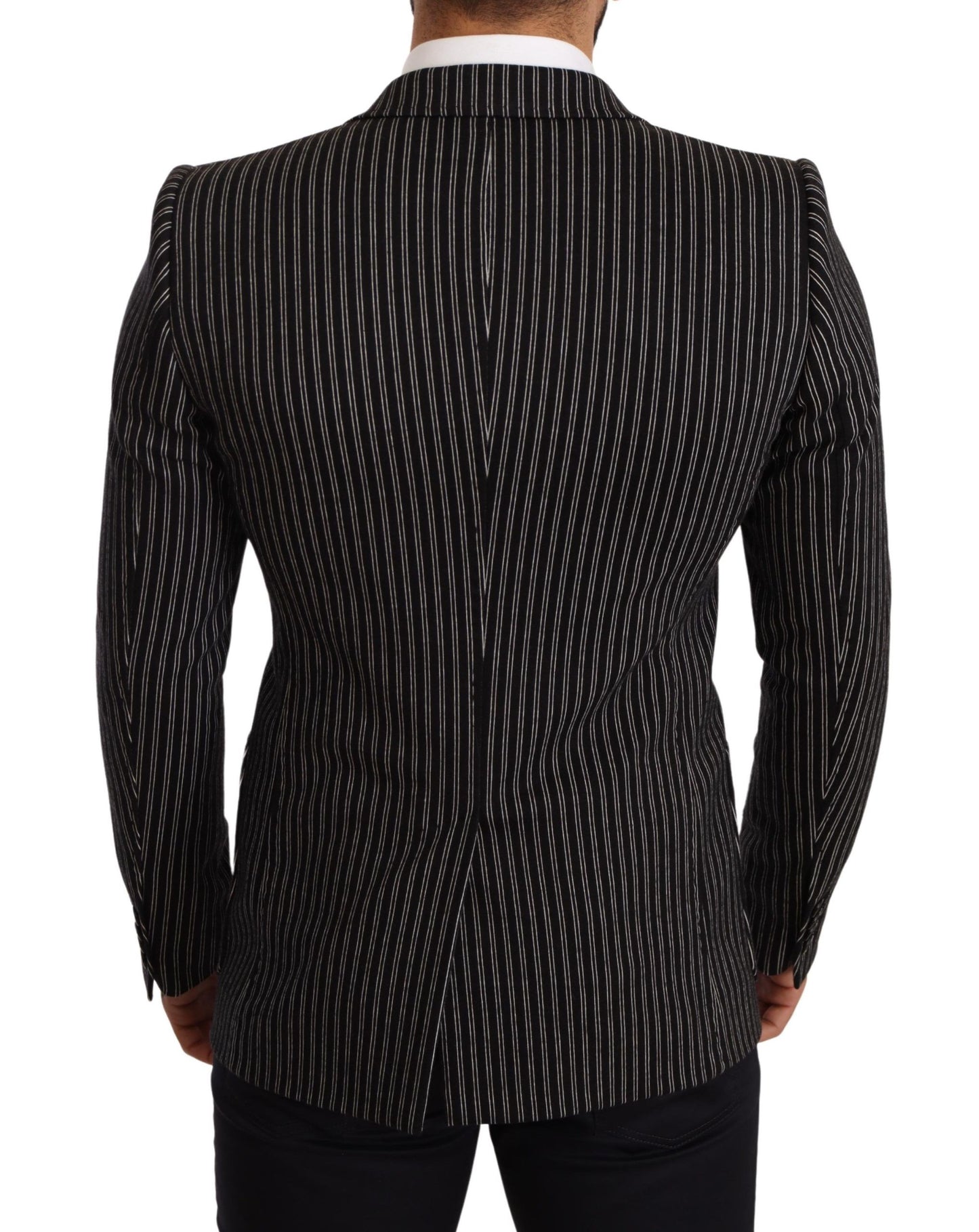 Dolce & Gabbana Black Striped Slim Fit Wool Coat Blazer Dolce & Gabbana