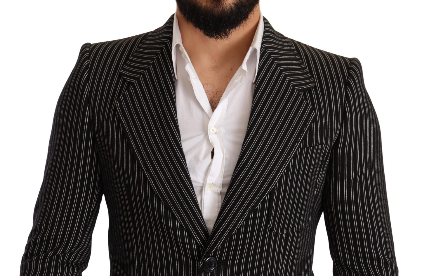 Dolce & Gabbana Black Striped Slim Fit Wool Coat Blazer Dolce & Gabbana