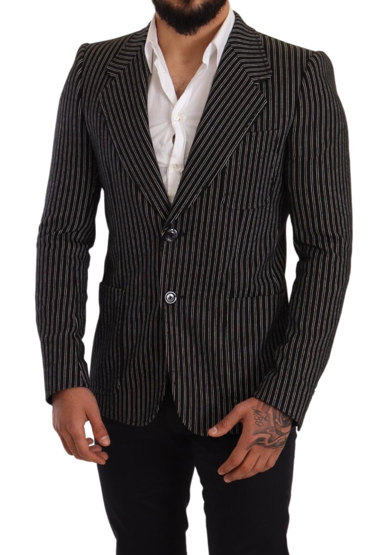 Dolce & Gabbana Black Striped Slim Fit Wool Coat Blazer Dolce & Gabbana