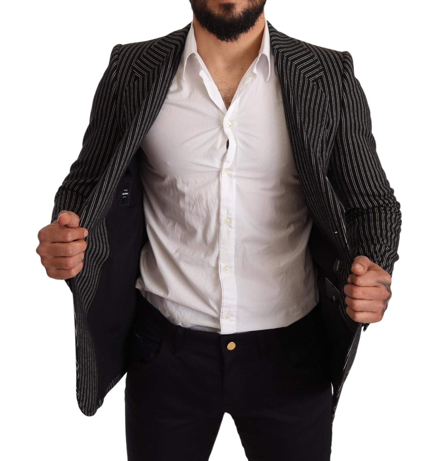 Dolce & Gabbana Black Striped Slim Fit Wool Coat Blazer Dolce & Gabbana
