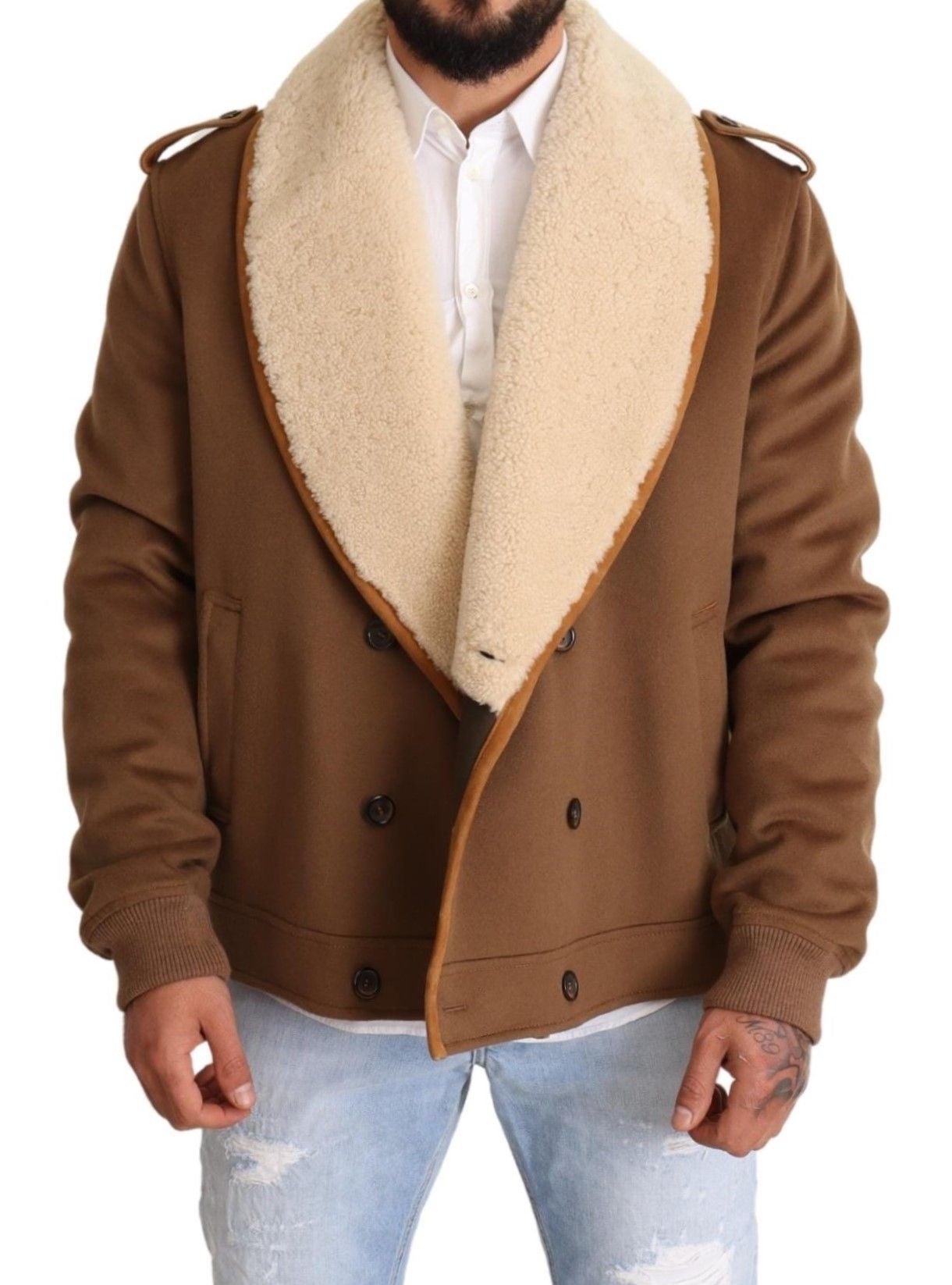 Dolce & Gabbana Brown Double Breasted Shearling Coat Jacket Dolce & Gabbana