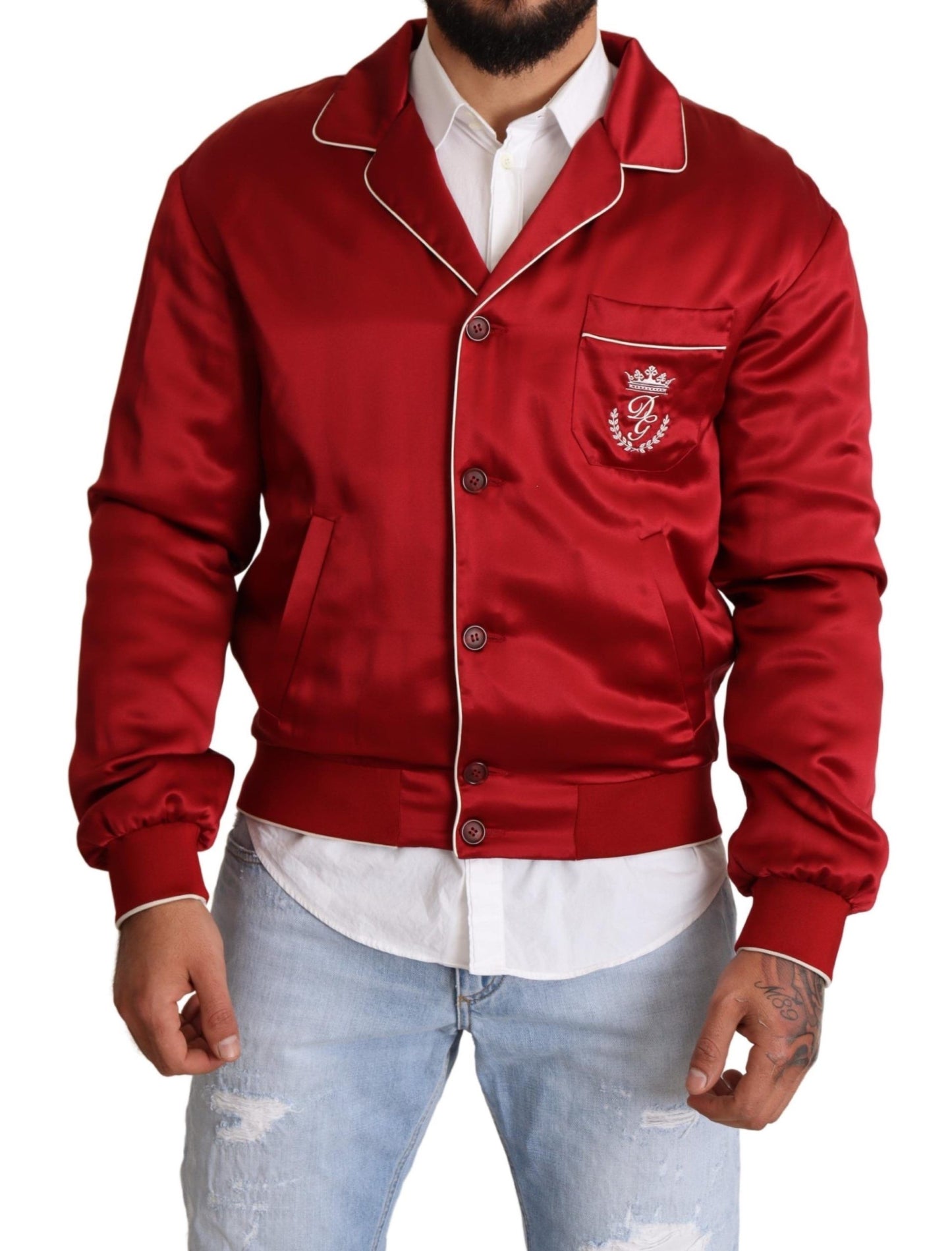 Dolce & Gabbana Red Silk Button DG Logo Bomber Jacket Dolce & Gabbana