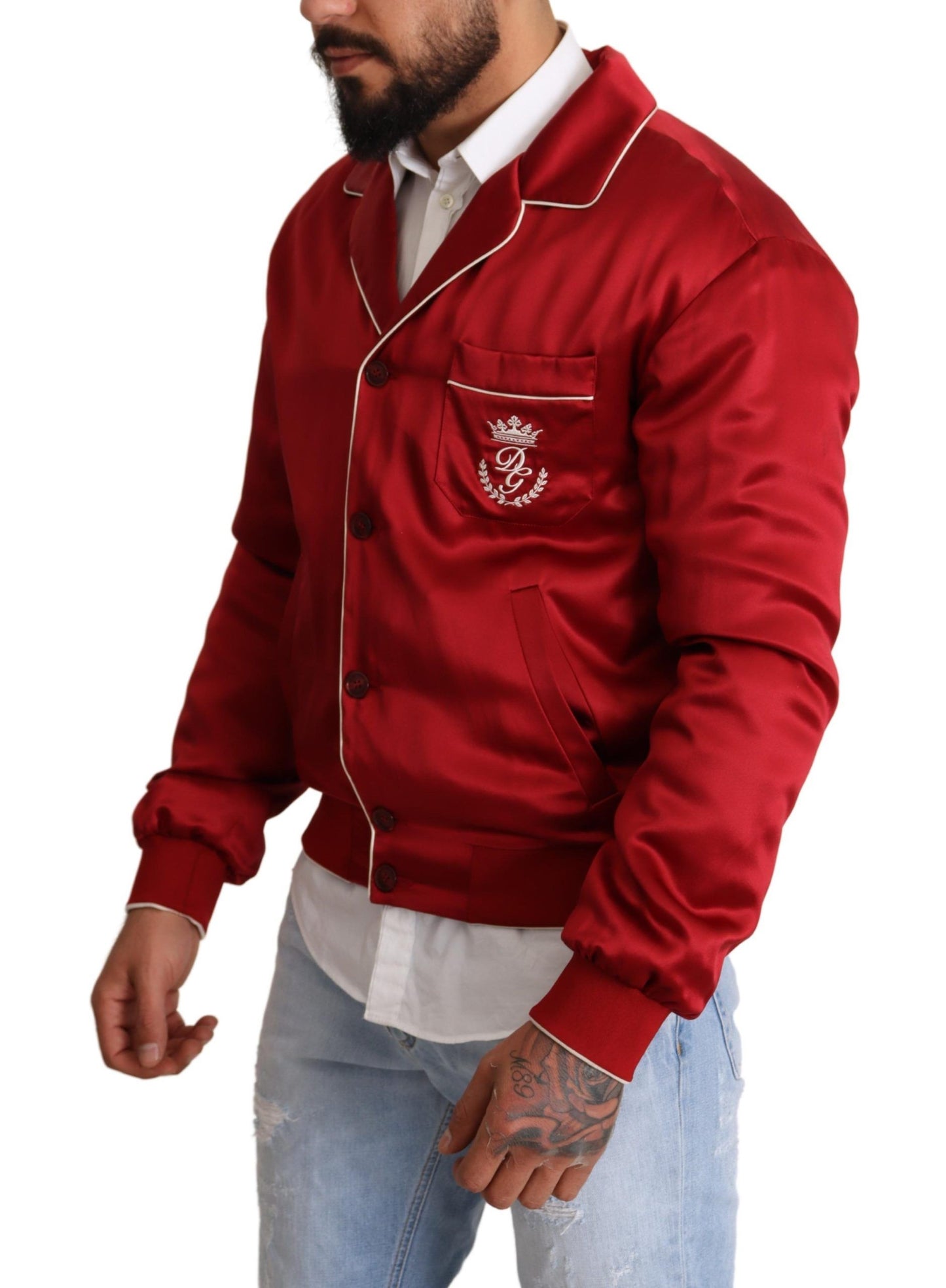 Dolce & Gabbana Red Silk Button DG Logo Bomber Jacket Dolce & Gabbana