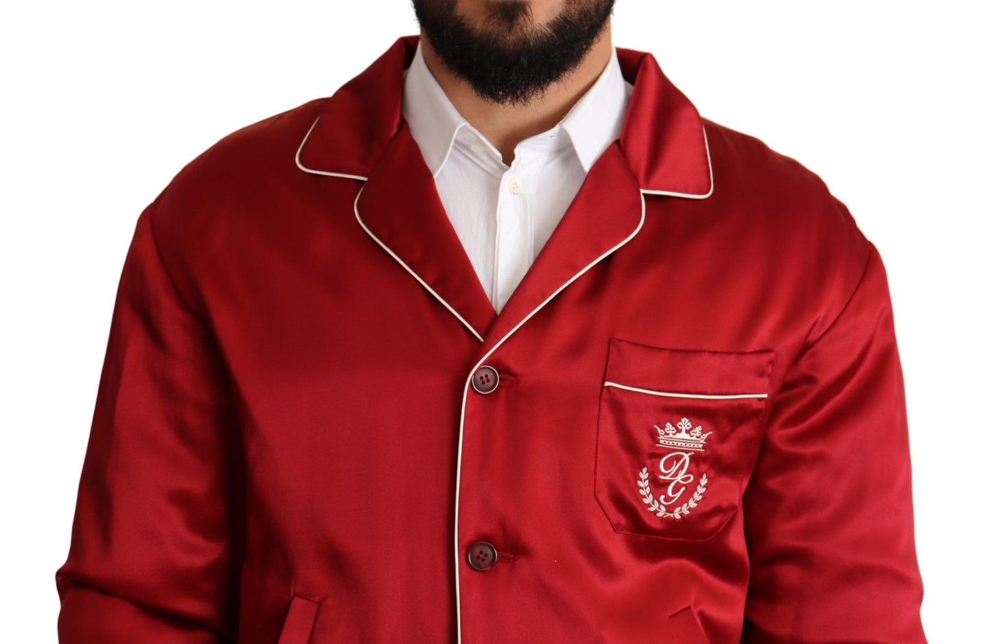 Dolce & Gabbana Red Silk Button DG Logo Bomber Jacket Dolce & Gabbana