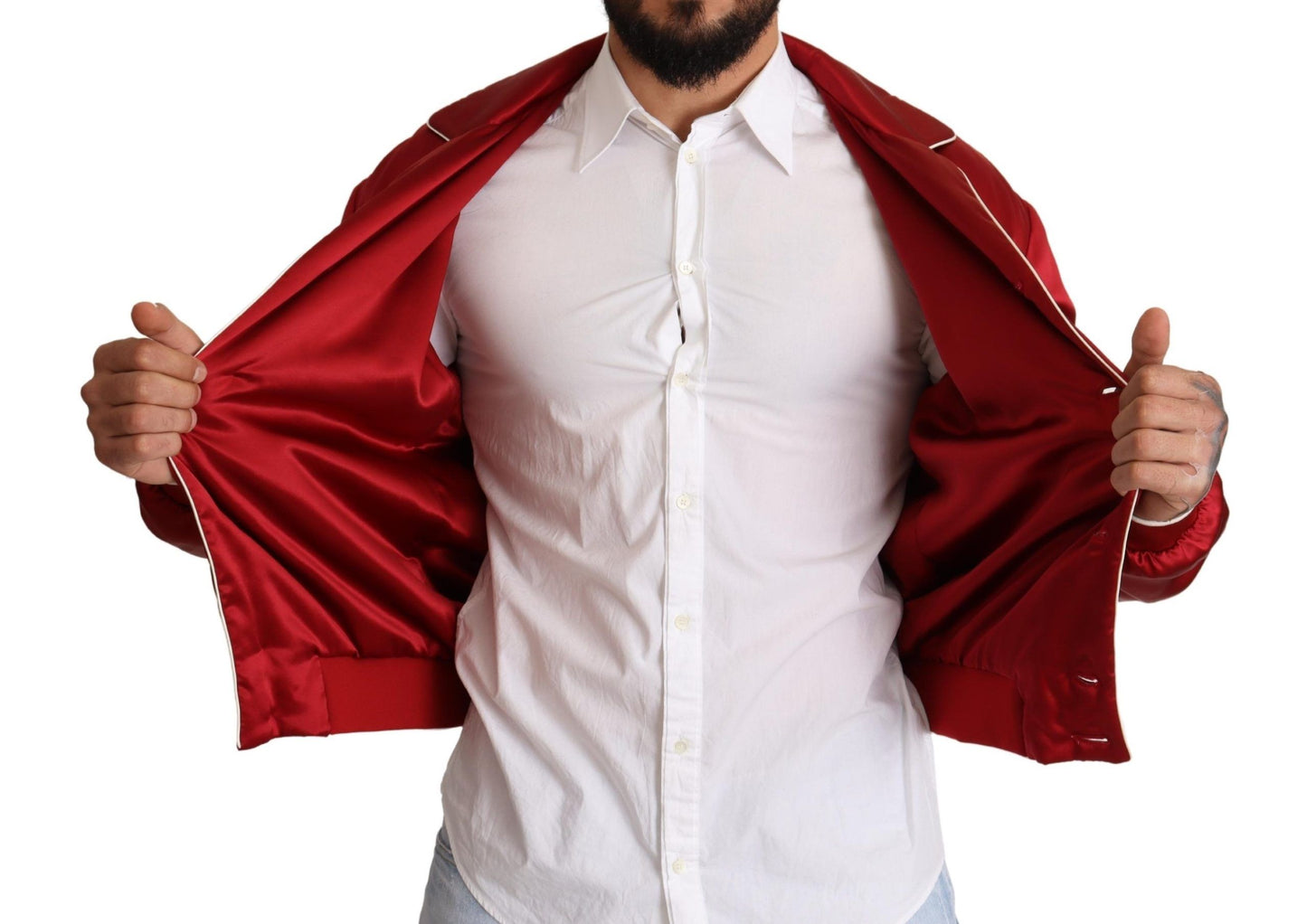 Dolce & Gabbana Red Silk Button DG Logo Bomber Jacket Dolce & Gabbana