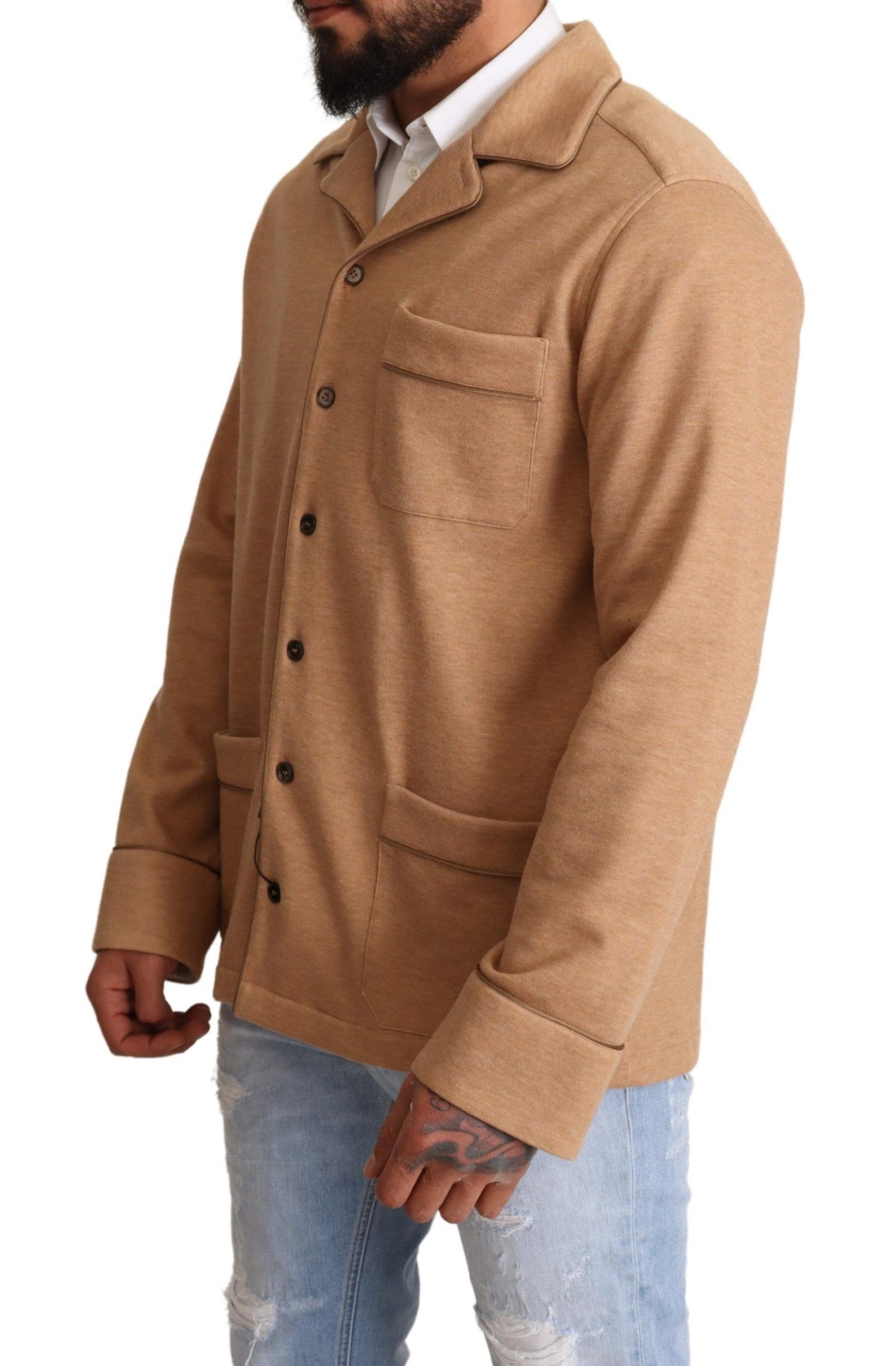 Dolce & Gabbana Brown Cotton Button Collared Coat Jacket Dolce & Gabbana