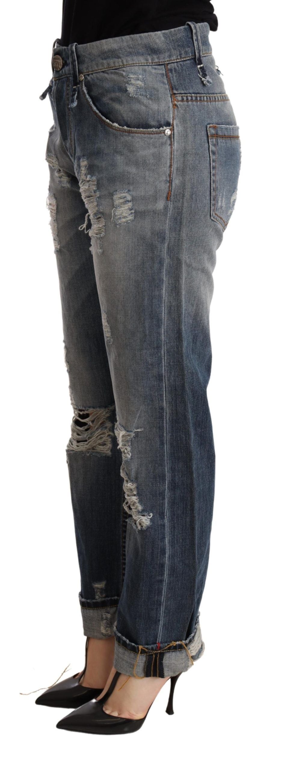 Acht Blue Tattered Mid Waist Straight Denim Trouser Acht