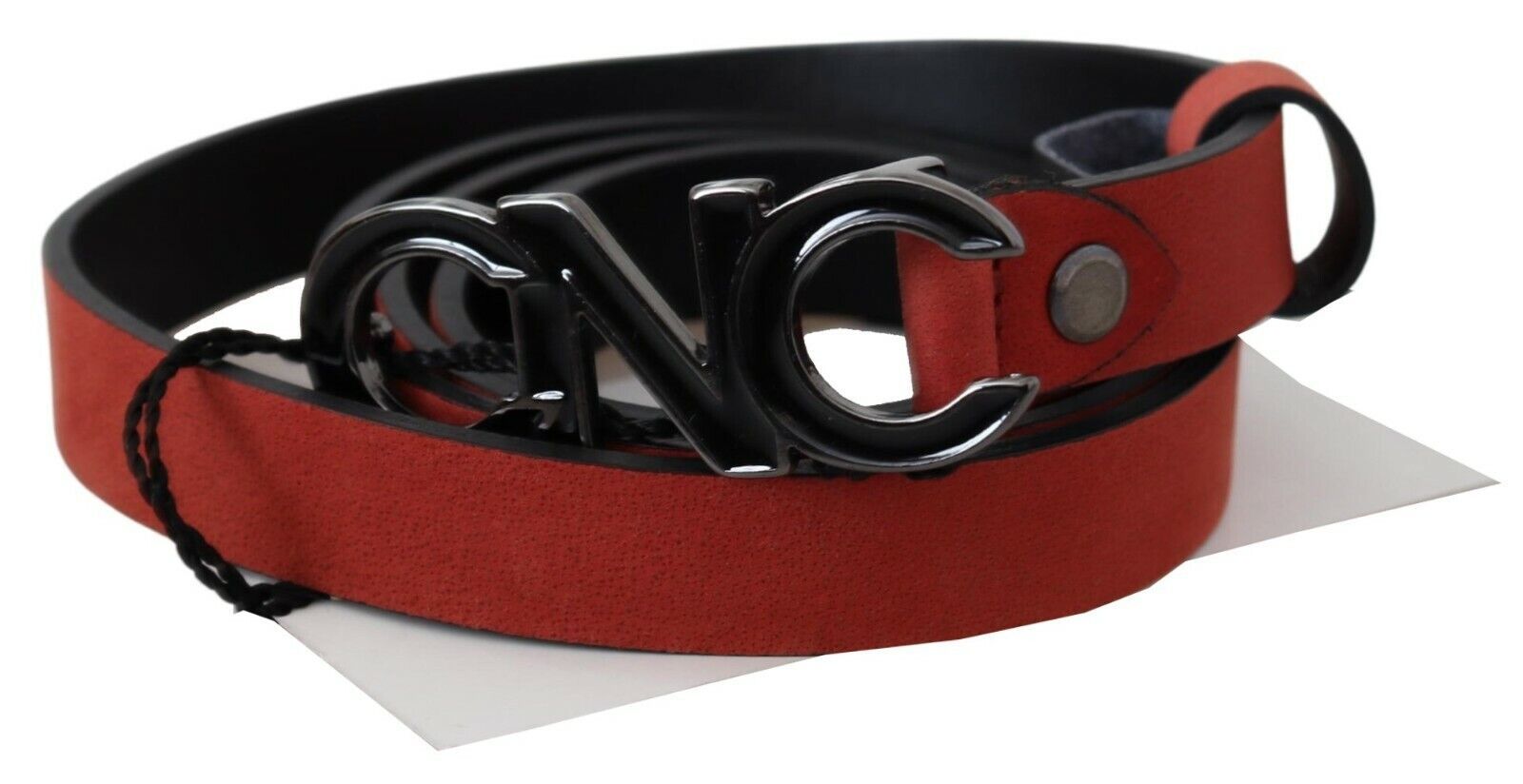 Costume National Red Black Leather Black Logo Buckle Blood Belt Costume National