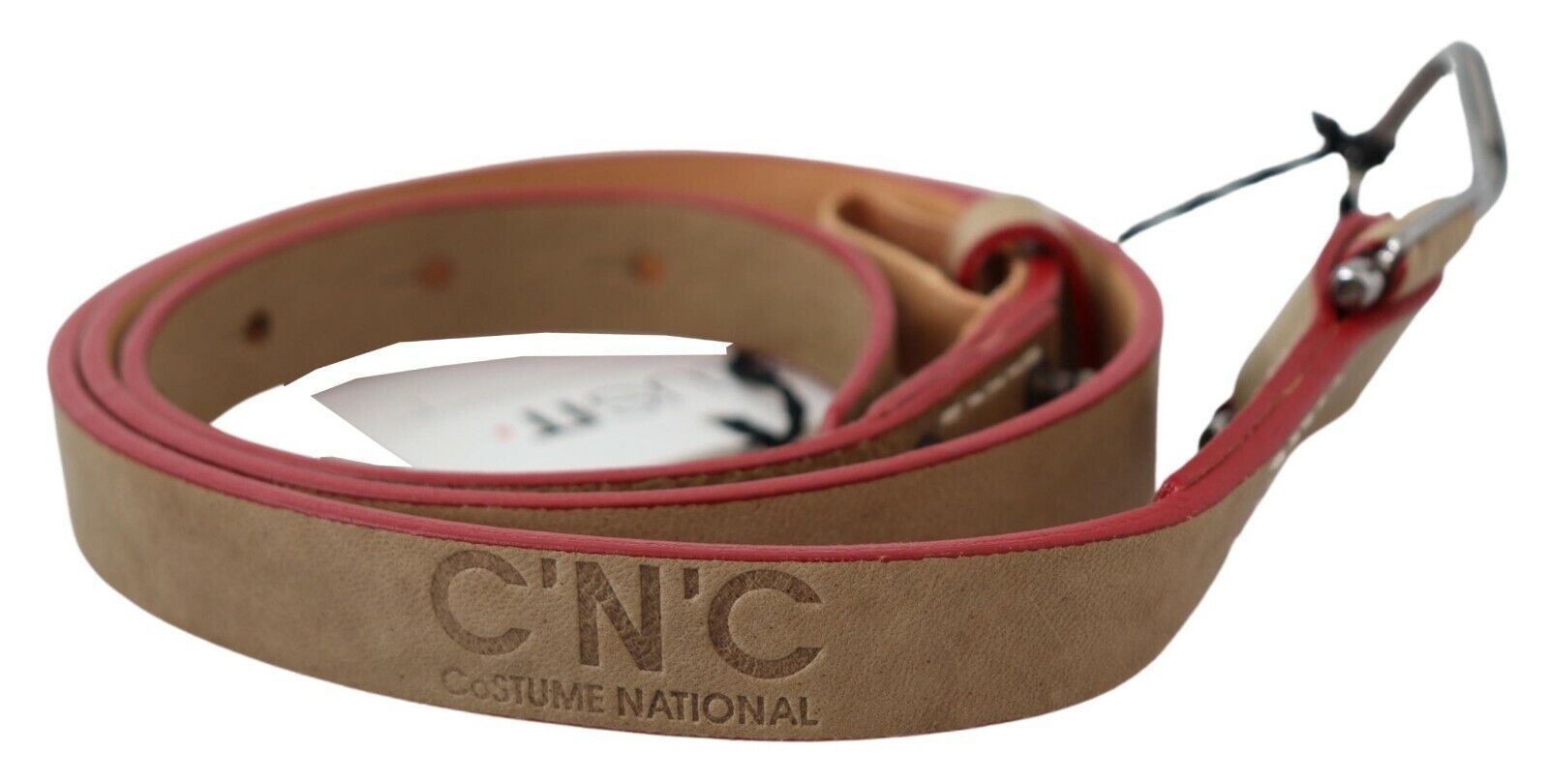 Costume National Beige Leather Silver Logo Buckle Waist Belt Costume National